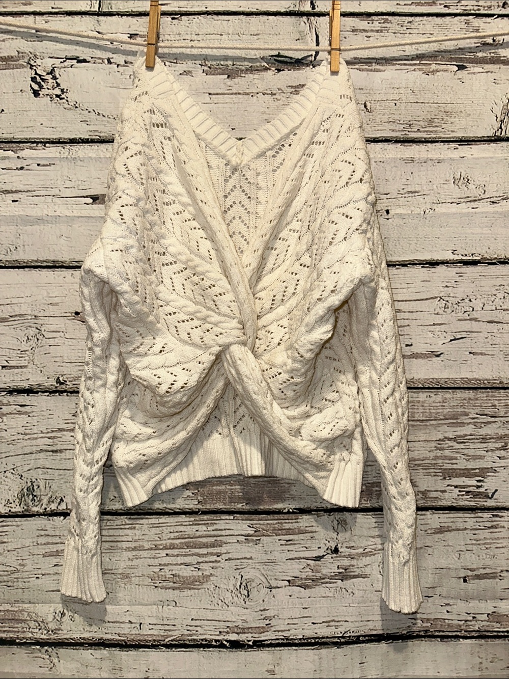 Mi Ami Cream Twist-Front Cable V-Neck Sweater reversible